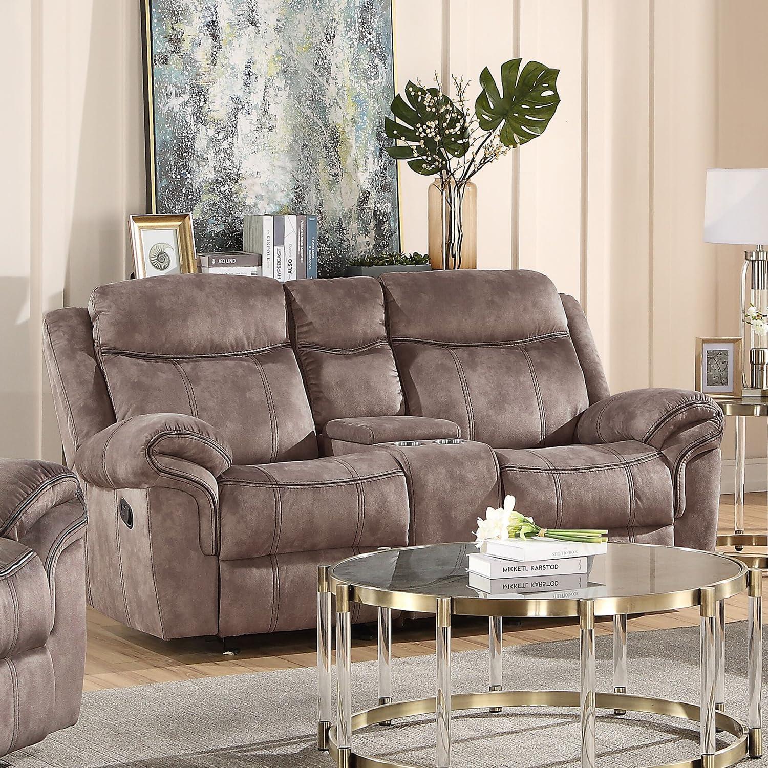 Gray Velvet Tufted Reclining Loveseat with Storage and Cup Holder