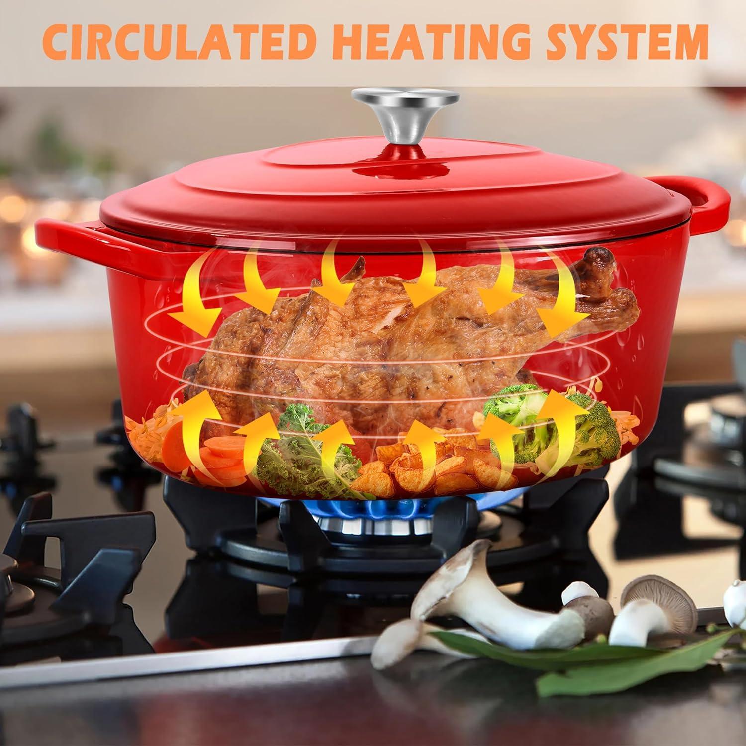 TeamFar 7QT Oval Dutch Oven, Enameled Cast Iron Dutch Oven Pot with Lid, For Bread Baking/Stewing/Braising/Frying, Suitable for Various Stoves, Non-stick & Easy Clean, Red