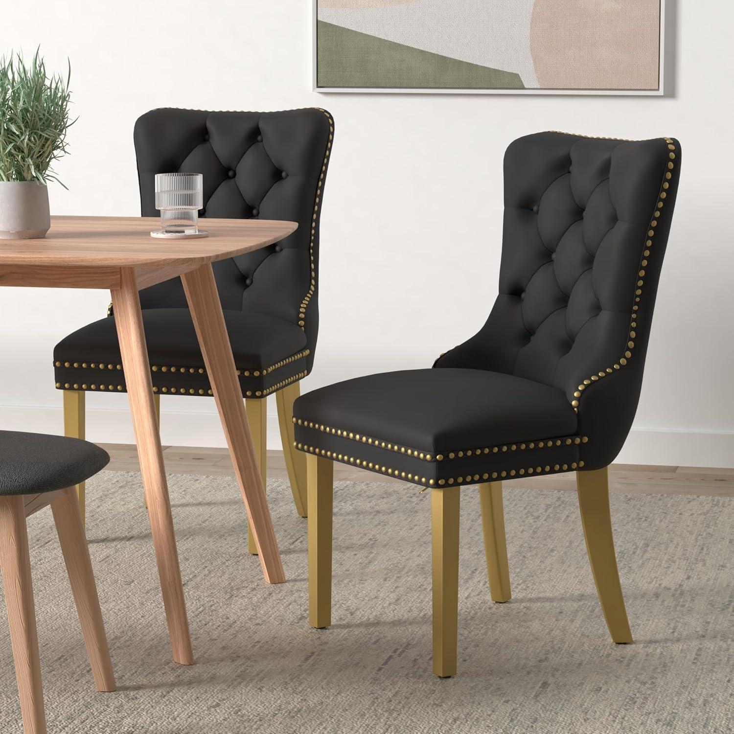 ODUSE-DAILY Black Velvet Dining Chairs Set of 6, Kitchen & Dining Room Chairs, Nailheads Tufted, Sillas De Comedor, Fabric Upholstered, Golden Metal Legs (Black, 6 Pcs)