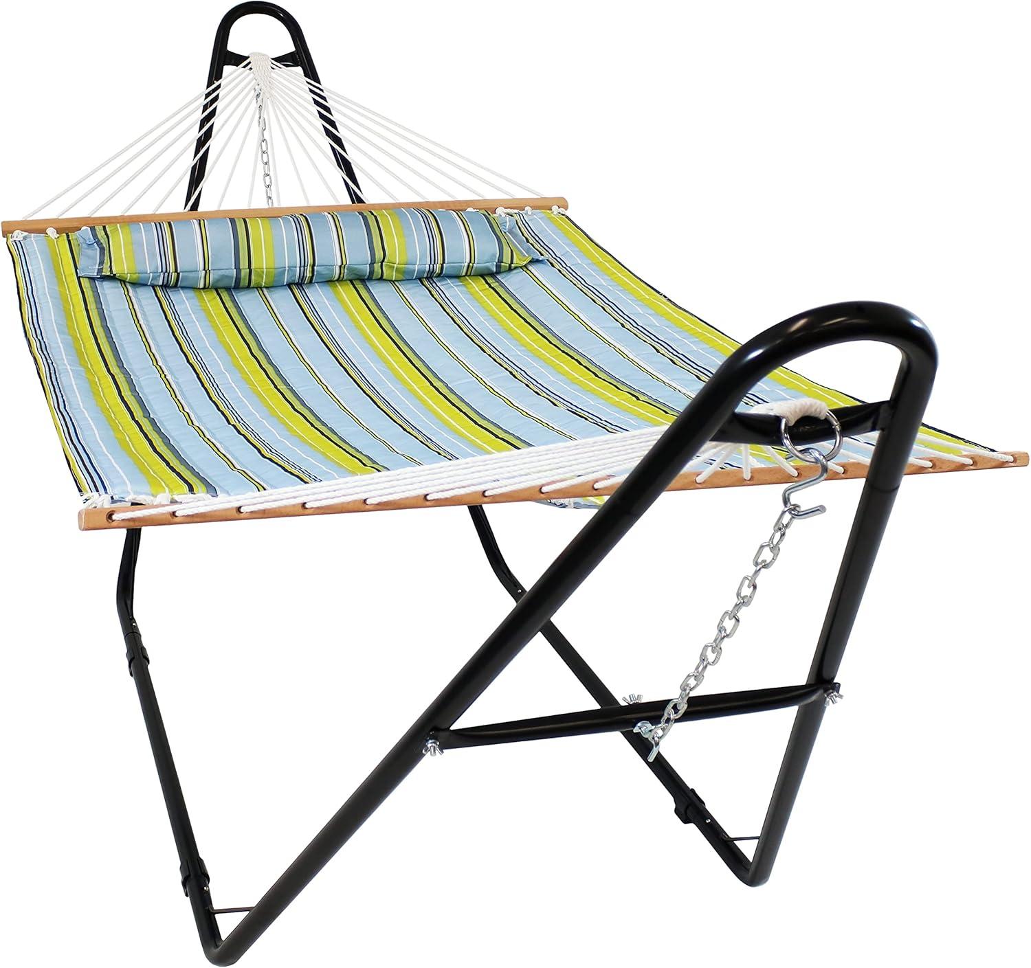 Sunnydaze Double Quilted Fabric Hammock with Universal Steel Stand - 450-Pound Capacity - Blue and Green