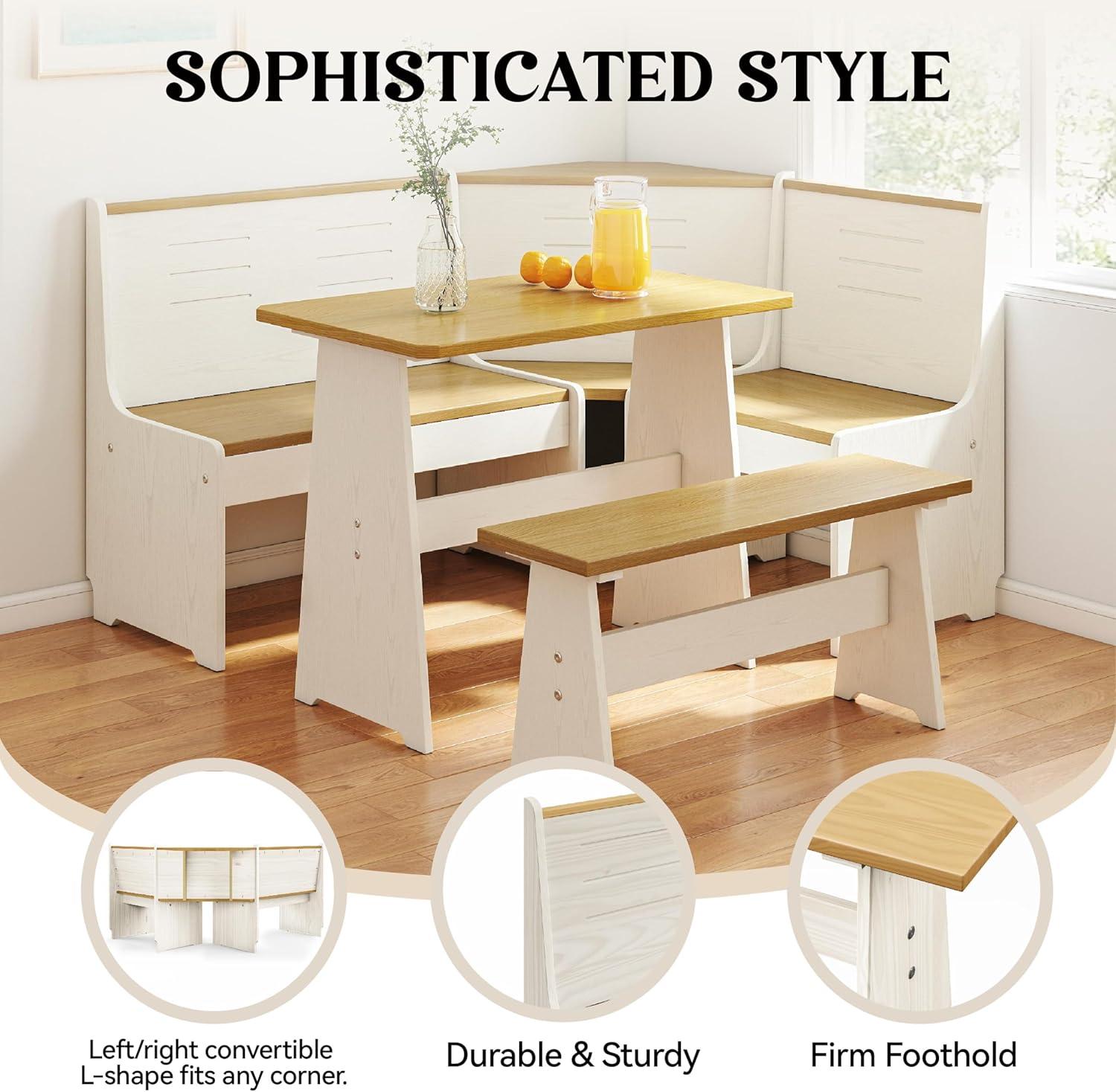 Breakfast Nook Corner Dining Table Kitchen Bench Chair Set, Space-Saving 3-5 People Seat Reversible L-Shape for Family Home White Wood