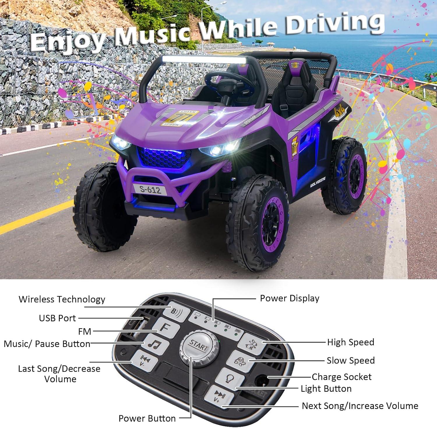 OLAKIDS 2 Seater Kids Ride On UTV, 12V Electric Truck Car with Remote Control, Battery Powered Vehicle with Music, 4 Wheels Suspension, Bluetooth, MP3, USB, FM, Horn (Purple)