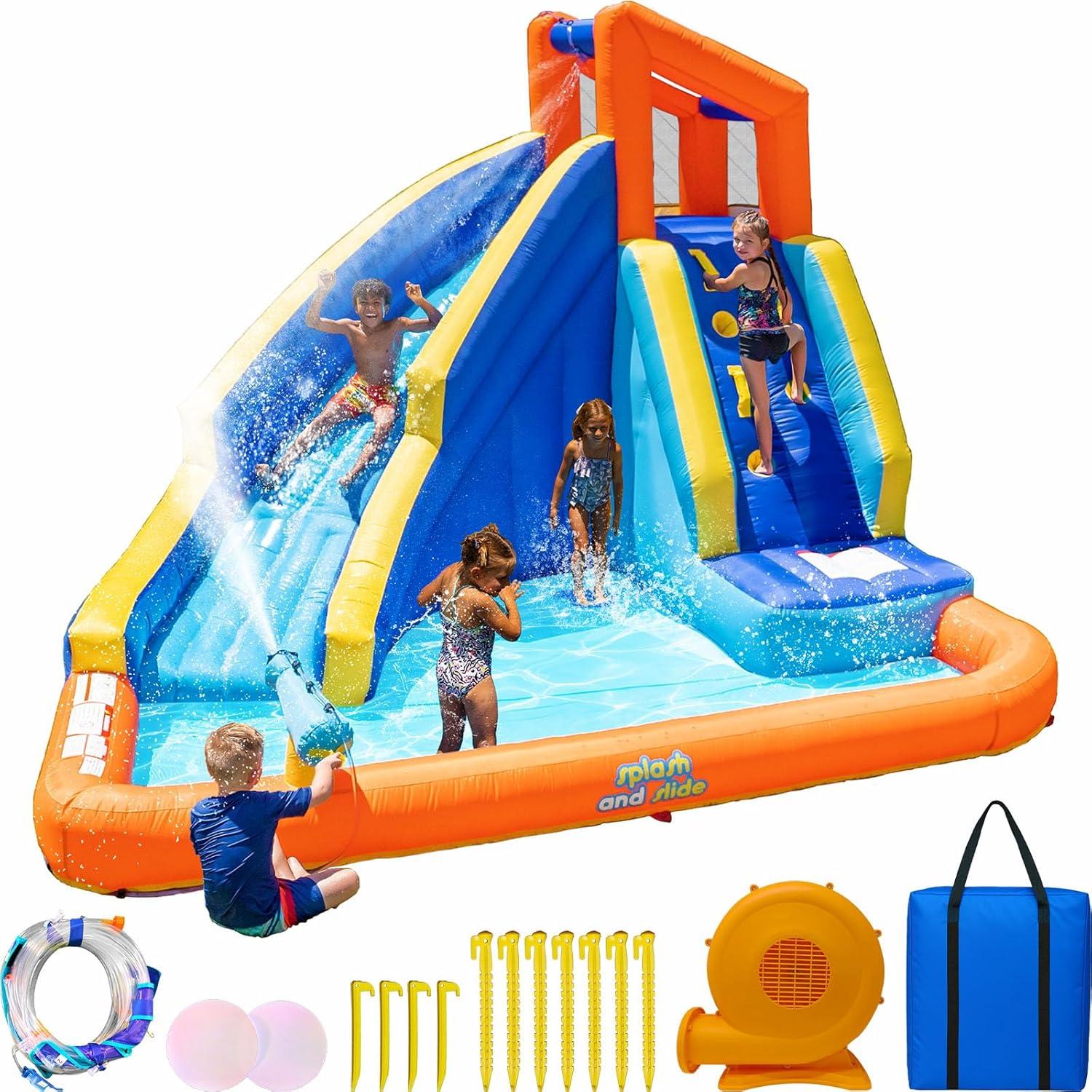 Sportspower™ Big Wave II Inflatable Water Slide with Climbing Wall & Splash Pool, Ages 3-8, Heavy Duty, ASTM Certified, Lifetime Warranty on Included Blower