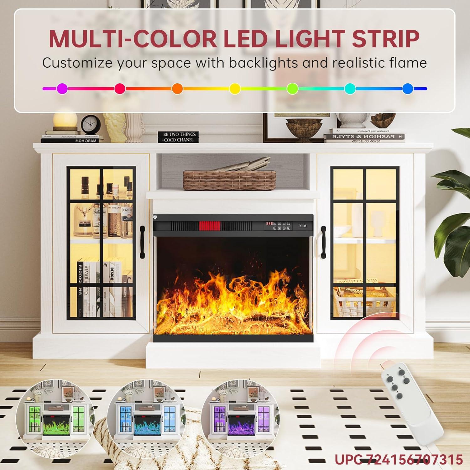 Fireplace TV Stand with 3-Sided Glass Electric Fireplace, 59" Entertainment Center, Distressed White