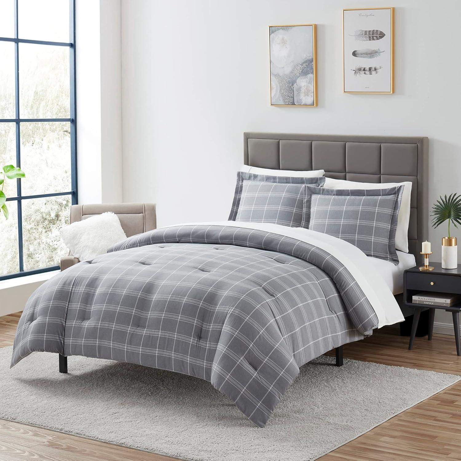 Sweet Home Collection Chambray Weave Plaid Bed in a Bag Comforter & Sheet Set Gray Twin