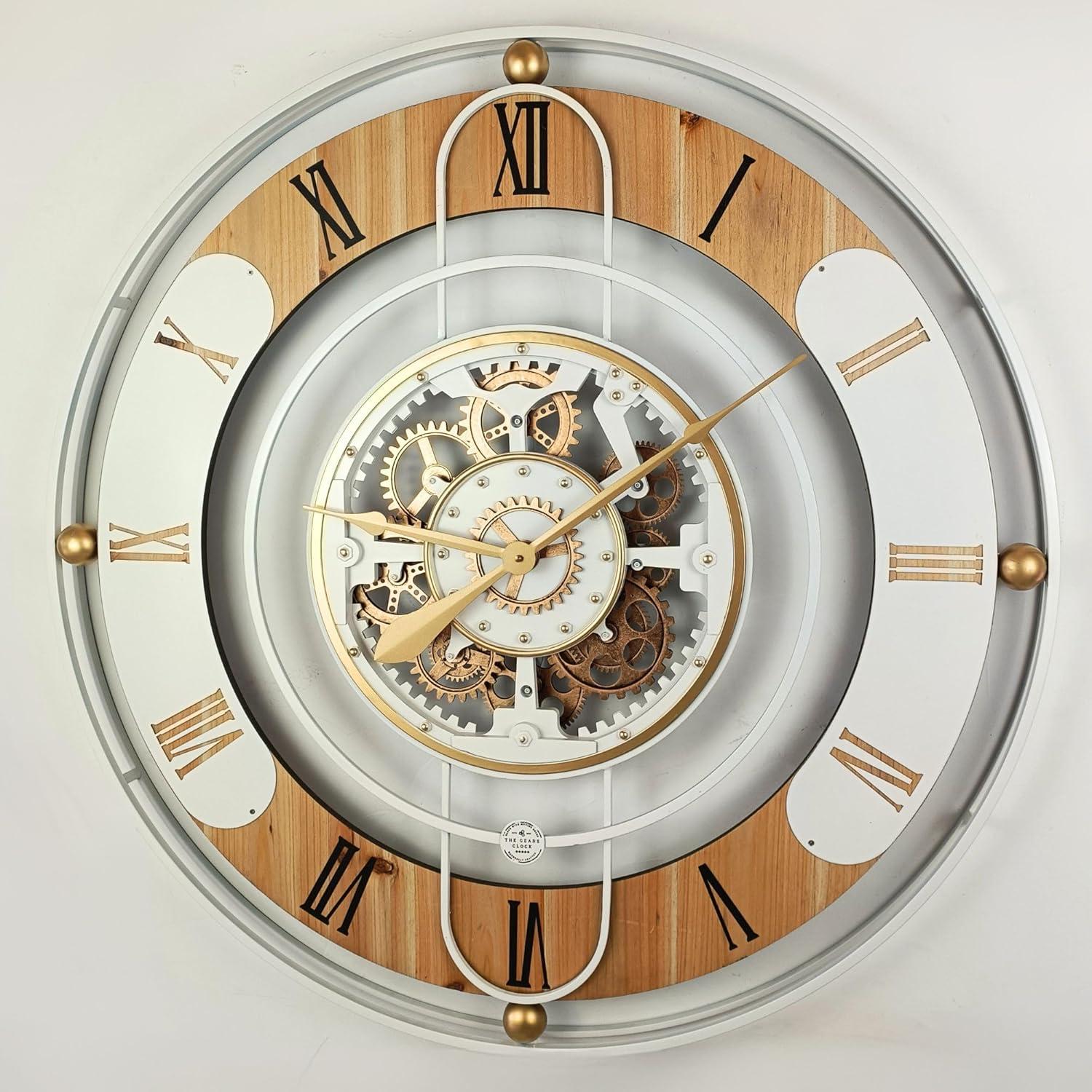 Oversized White and Wood Analog Wall Clock with Moving Gears