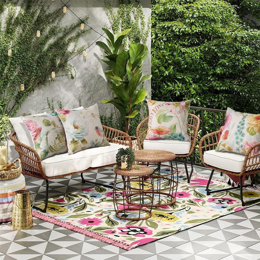 Artscope Set of 4 Waterproof Throw Pillow Covers 18x18 Inches, Pink Roses and Butterfly Pattern Decorative Cushion Covers, Perfect to Outdoor Patio Garden Living Room Sofa Farmhouse Decor