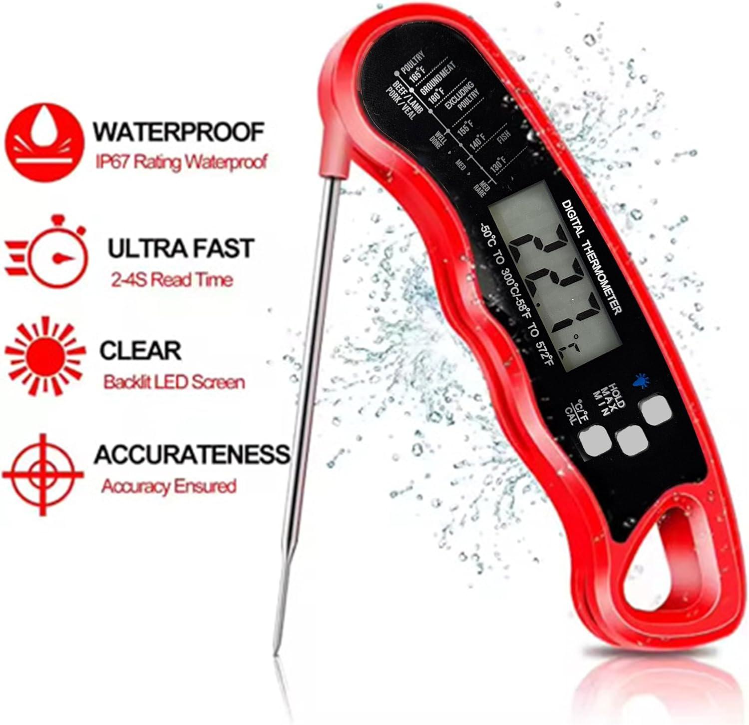 Digital Meat Thermometer for Grill/Cooking Fast Instant Read Waterproof Magnetic Probe Thermometer w/Backlight and Display for Kitchen, BBQ, Frying, etc. Chicken, Steak,or Burgers, Red