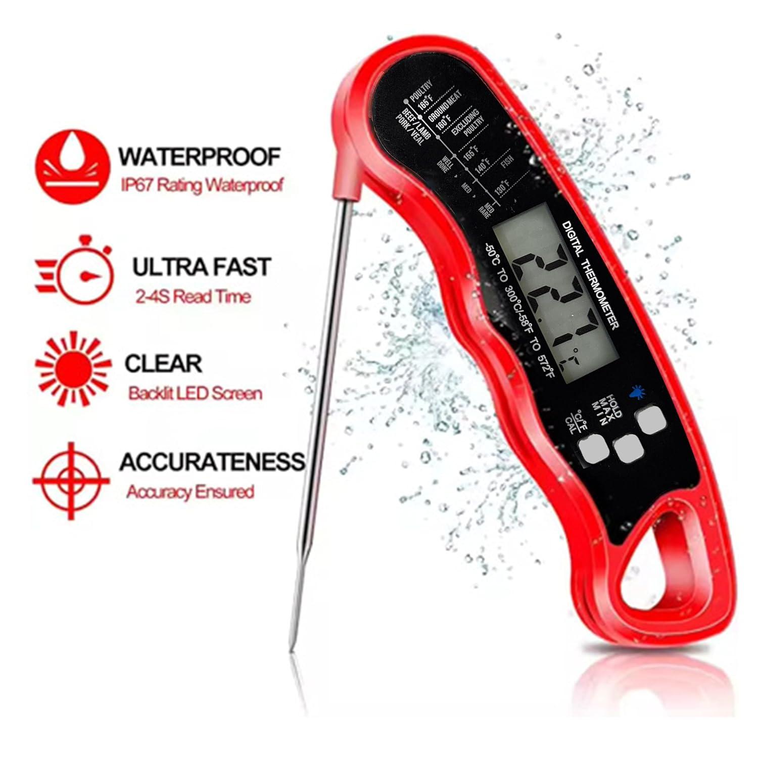 Digital Meat Thermometer for Grill/Cooking Fast Instant Read Waterproof Magnetic Probe Thermometer w/Backlight and Display for Kitchen, BBQ, Frying, etc. Chicken, Steak,or Burgers, Red