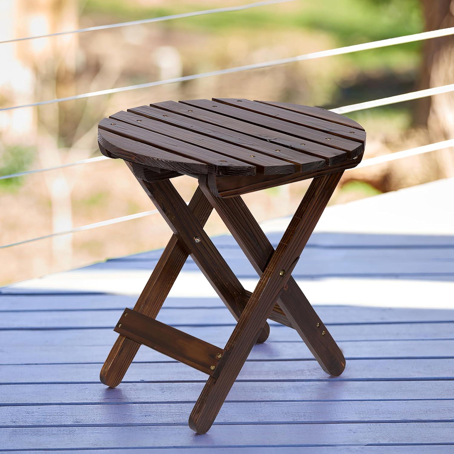 Burnt Brown Cedar Wood Round Folding Side Table