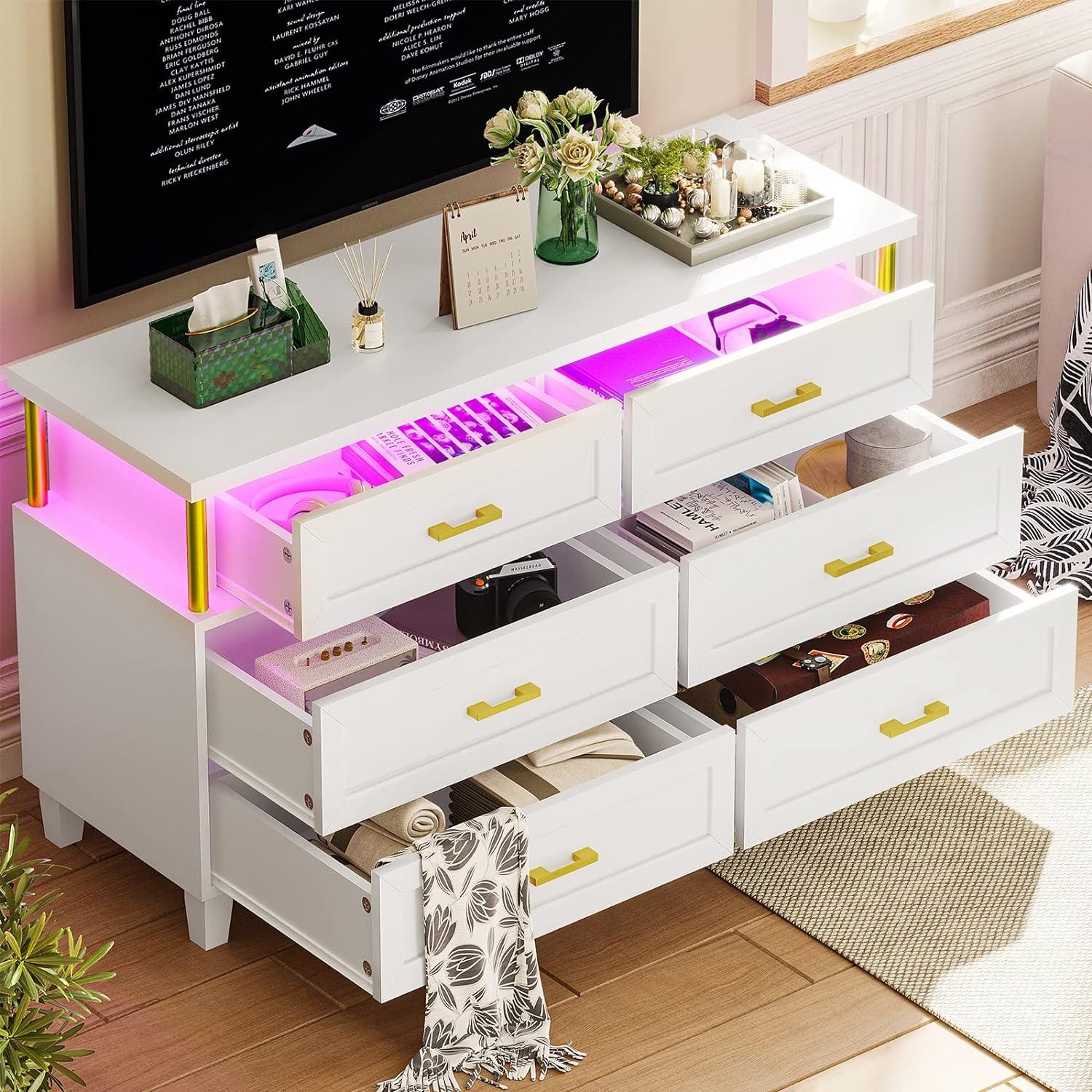 White 6 Drawer Dresser with Led Light,Dresser for Bedroom, Dressers & Chests of Drawers with Column Design, Modern Bedroom Wood Long Closet