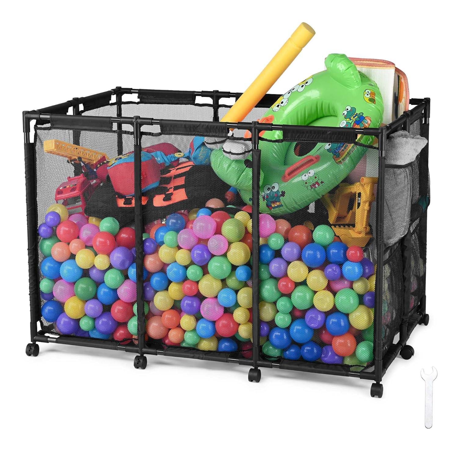 Yescom Metal Frame 10 Wheels Rolling Mesh Pool Storage Bin Pool Floats Storage Organizer for Pool Toys Balls Pool Noodles, Blue