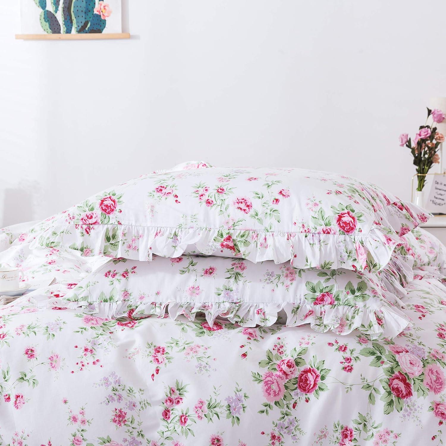 Pink Floral Cotton Ruffled Standard Pillowcases