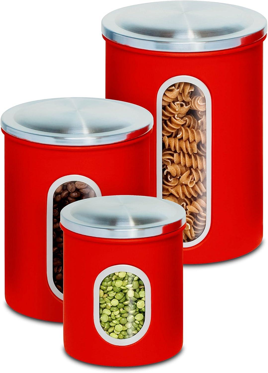 Honey Can Do Three-Piece Set of Nesting Stainless Steel Kitchen Canisters, Red