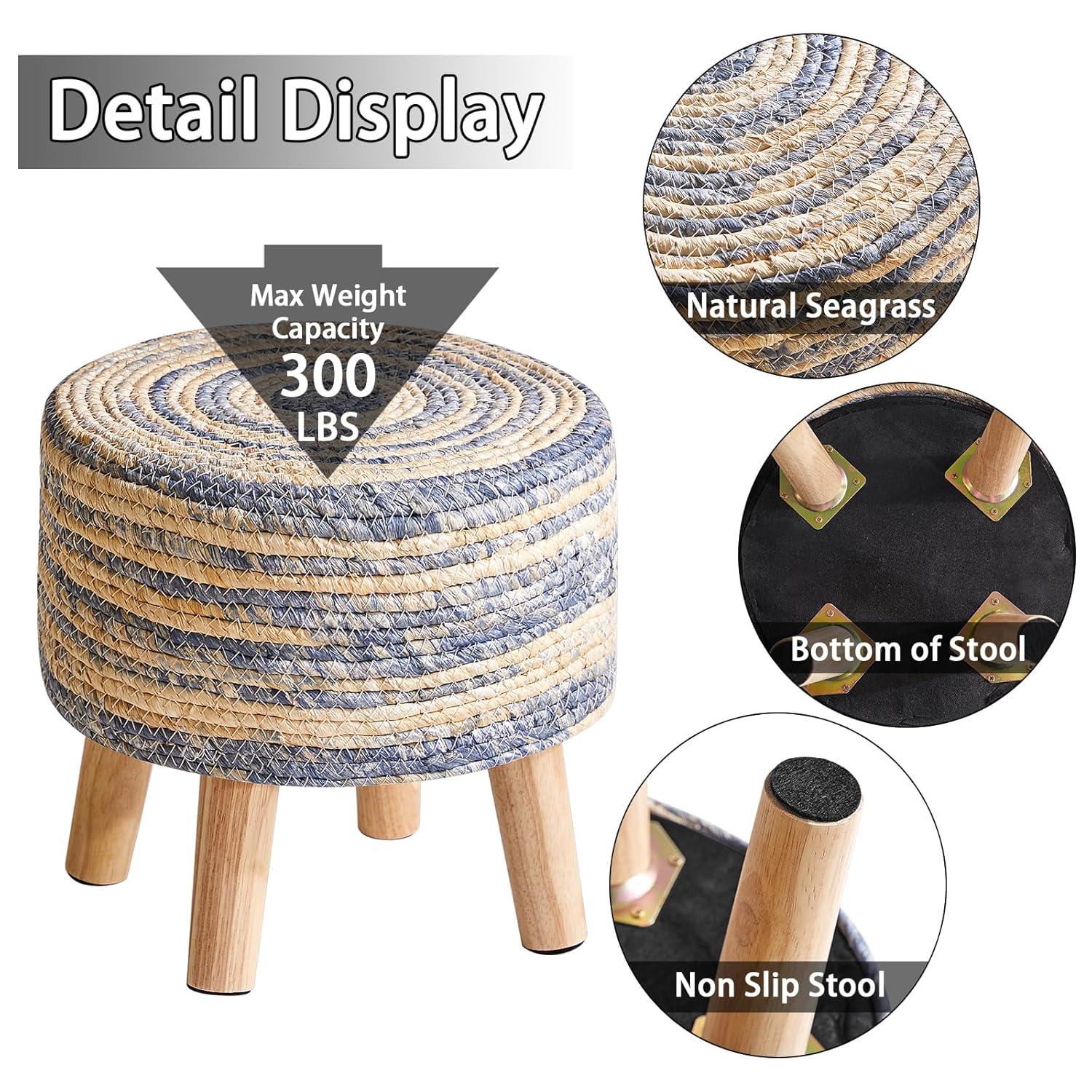YMYNY Foot Stool Natural Seagrass Hand Weave, 12.6" Small Ottoman, Round Footrest for Living Room, Bedroom, Entryway, Change Shoes Stool, Non-Skid Wood Legs, Boho, Blue+White UHBD027QW