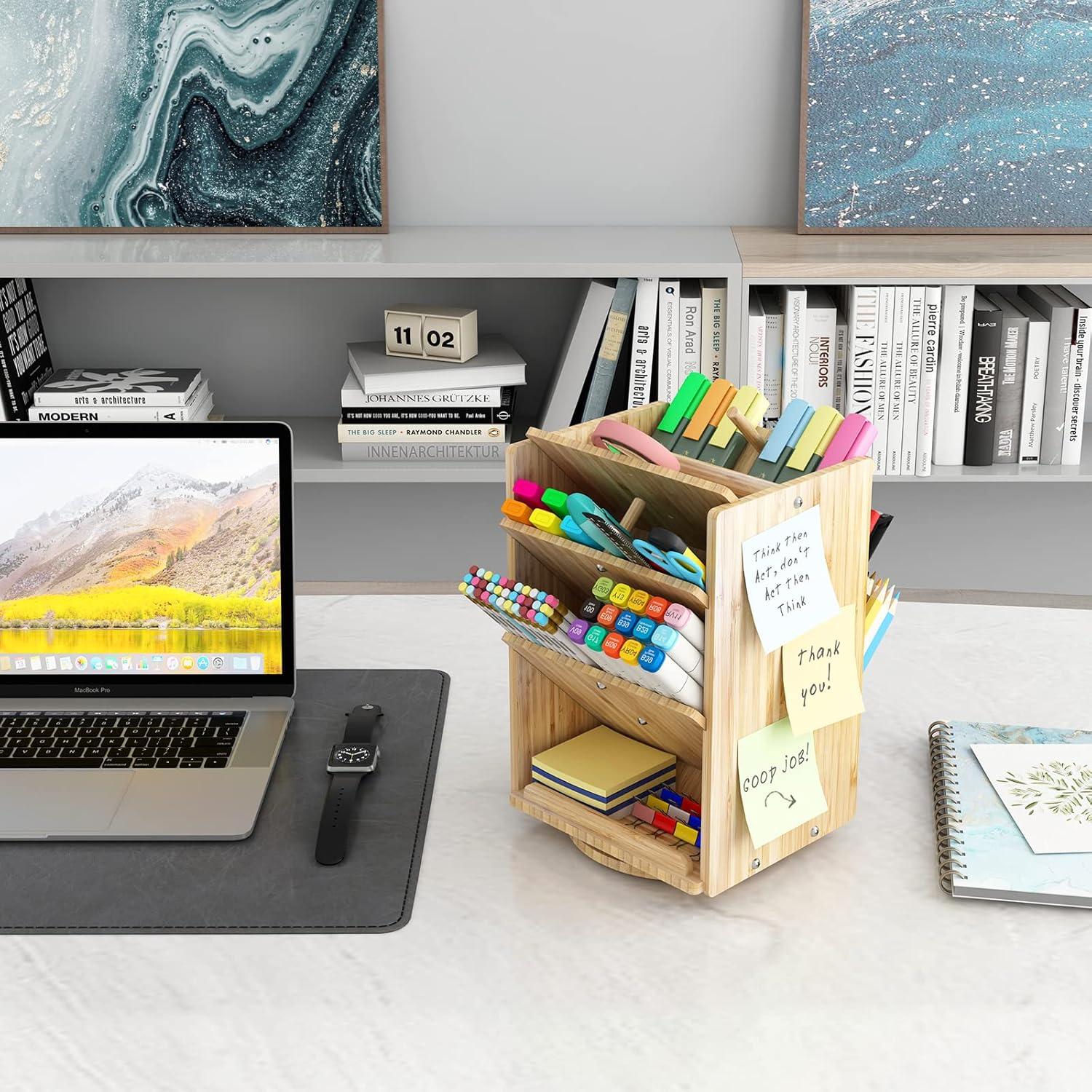 Bamboo Desk Organizer Storage Accessories - Ultra-large 13 compartments, 1000+ Pencil Holder Capacity, Easy DIY Assembly, Rotating Desktop Organizer, Cosmetics, and Office Supplies