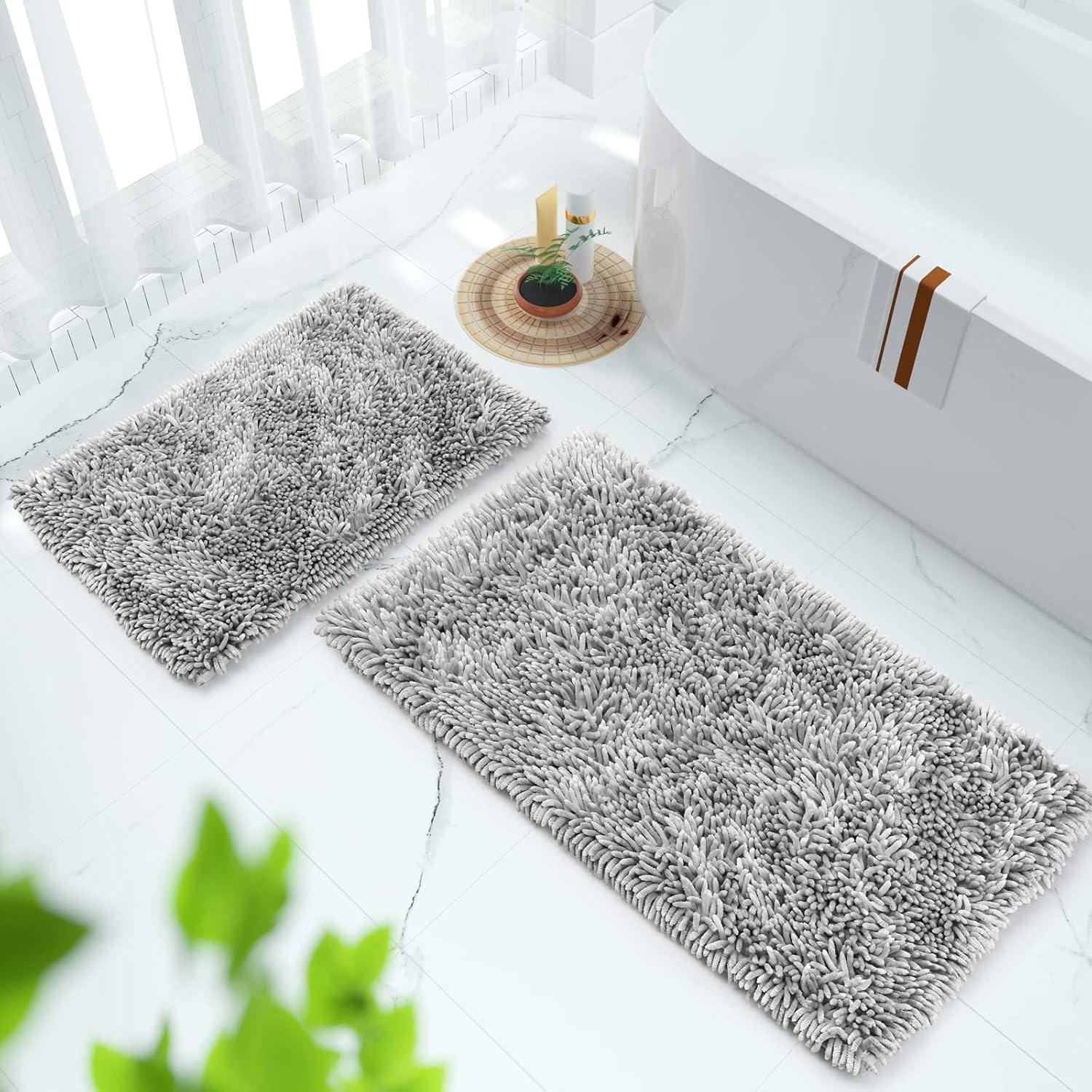 Light Gray Plush Chenille Non-Slip Bathroom Rug Set