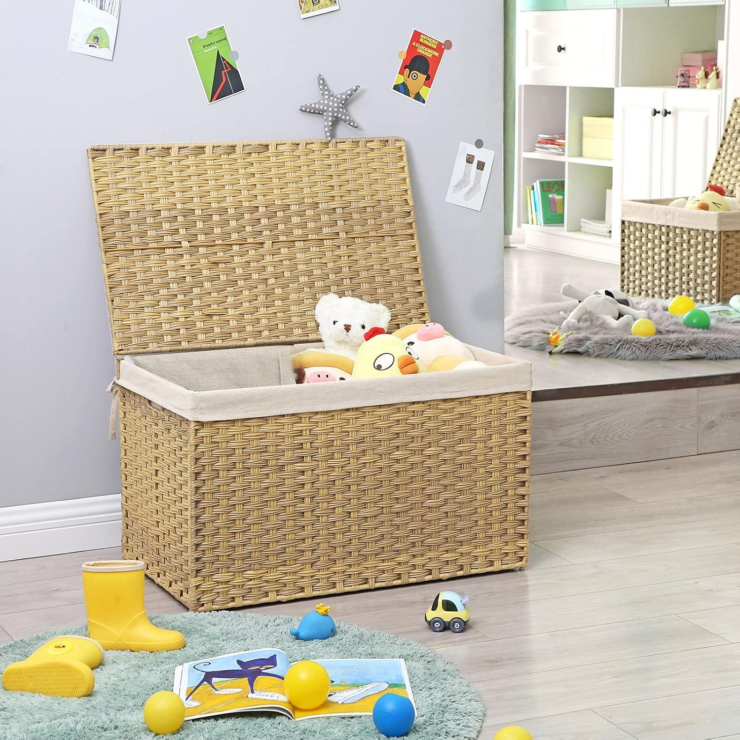 SONGMICS Storage Basket with Lid, 42.3 Gallon (160L) Storage Bin, Woven Blanket Storage Basket with Handles, Foldable, Removable Liner, Natural