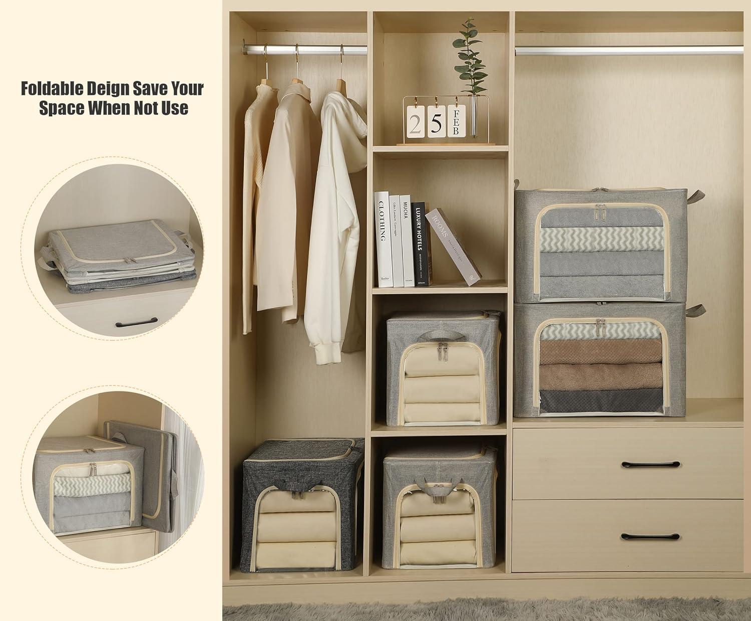 3 Openings Clothes Storage Bins With Metal Frame, Foldable Storage Bin For Clothes, Clothing Storage Bins With Lid, Linen Storage Box With Clear Window& Zippers& Durable Handles.(3 Pcs,Light Grey,40L)