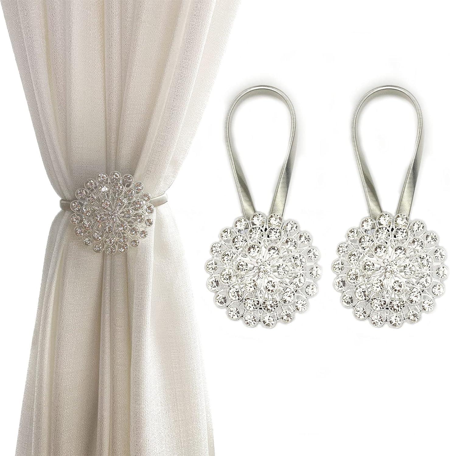 Magnetic Curtain Holdbacks Magnetic Tiebacks for Curtains, 2 Pack Sparkling Crystal Flower Curtain Tiebacks Curtain Buckle Clips with High-Elastic Spring Wire for Home Office