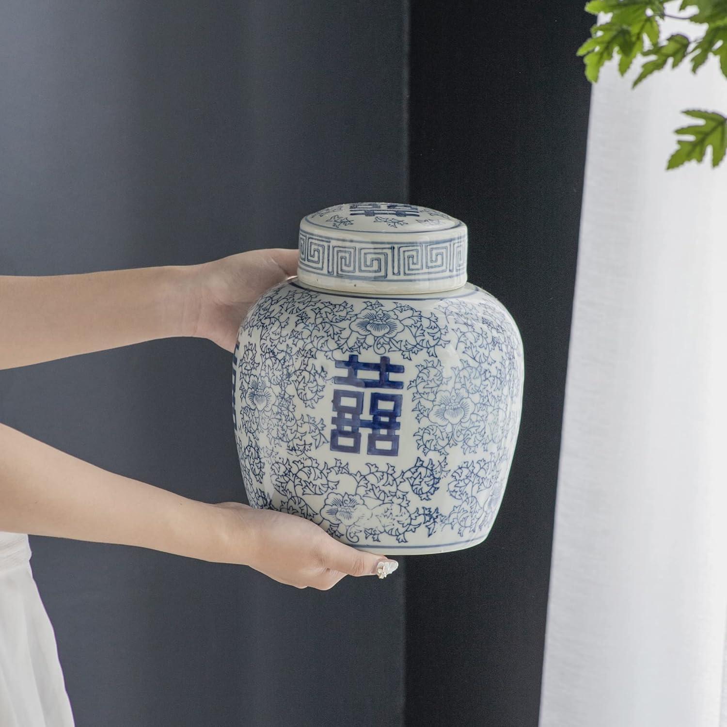 A&B Home Blue and White Ceramic Ginger Jar with Lid Ancient Chinese Oriental Style Multi Purpose 7.9" x 7.9" x 9.4"