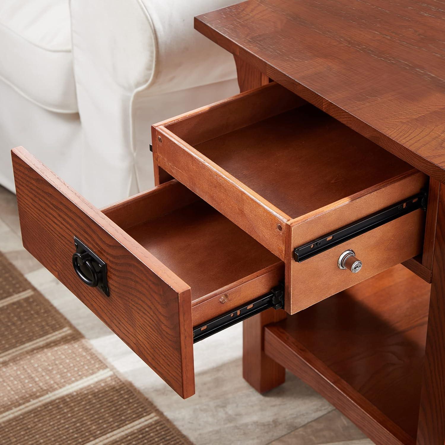 Medium Oak Wood Rectangular End Table with Storage