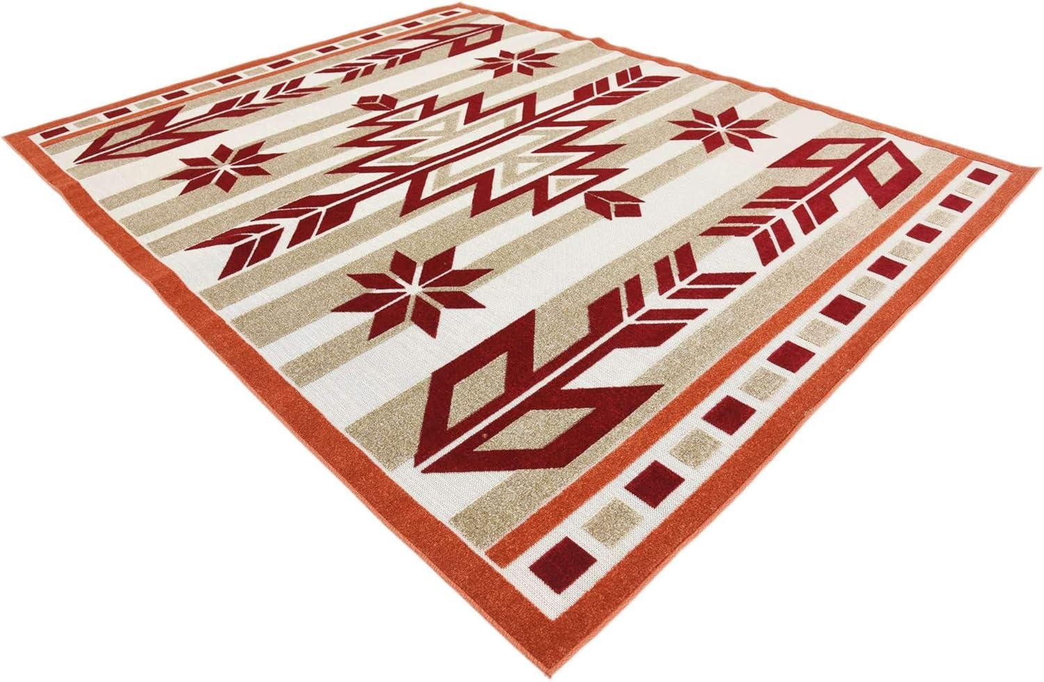 Burgundy and Beige Geometric 8' x 10' Outdoor Area Rug