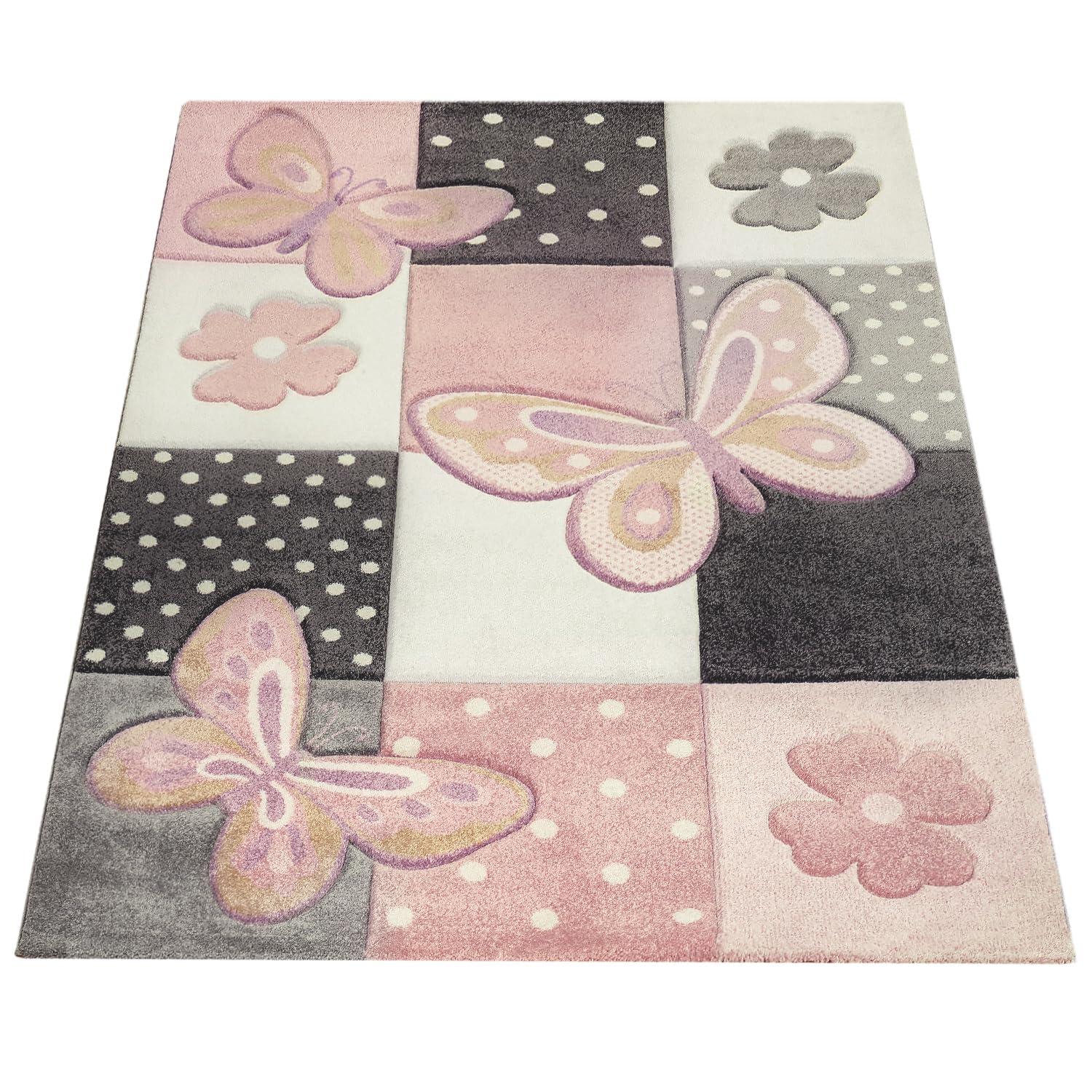 Kids Room Rug Pastel Colors Butterflies Check Pattern Spots Flowers Colourful, Size:2'8" x 4'11"