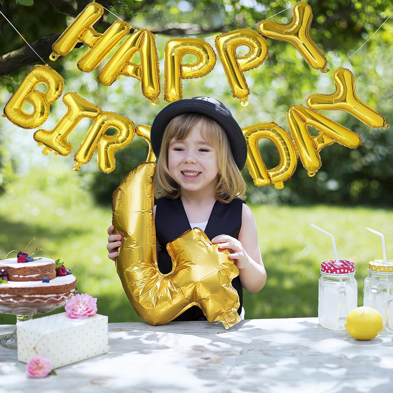 Happy Birthday Balloon Banner Party 16 Inch 3D Aluminum Foil Balloon kit Birthday Party Decor - gold