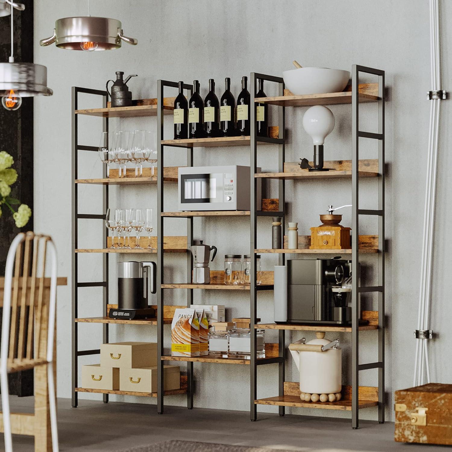 Industrial Brown Triple Wide 5-Tier Bookshelf with Metal Frame