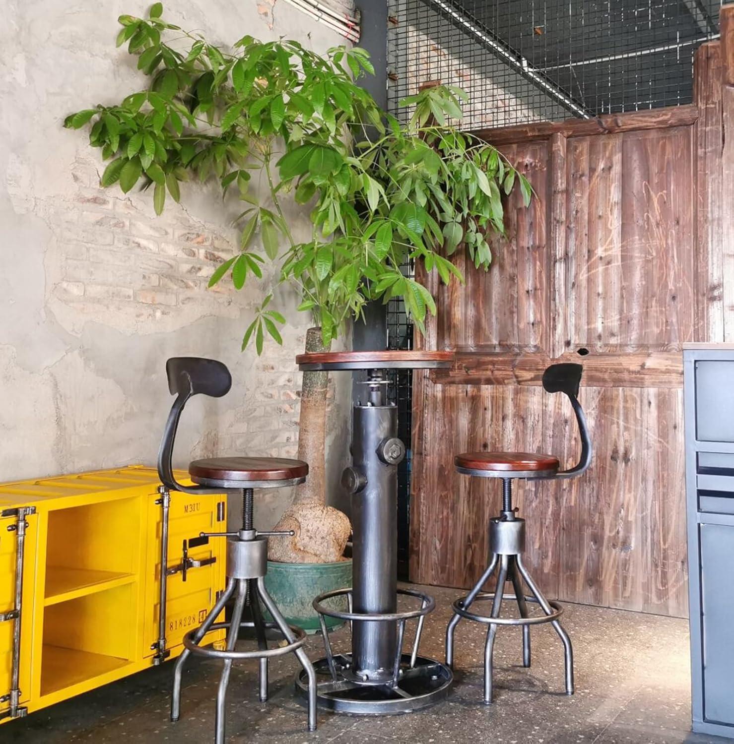 LOKKHAN Set of 2 Rustic Industrial Bar Stool-24-30 Adjustable Metal Swivel Wooden Top Barstools-Counter Height Extra Tall Bar Height-Vintage Farmhouse Kitchen Breakfast Cafe Stool-with Backrest
