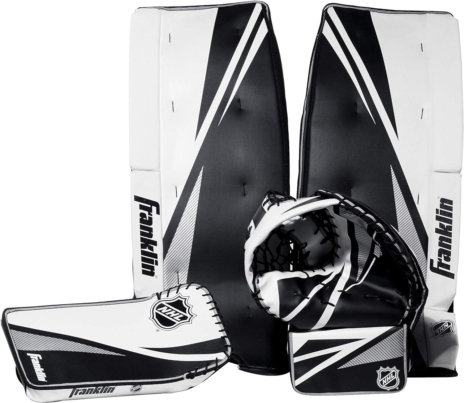 Franklin Sports Street Hockey Goalie Equipment Set - NHL Youth Street Hockey Goalie Pads - Leg Pads, Catch Glove, and Blocker - Youth Goalie Gear Black, 12"