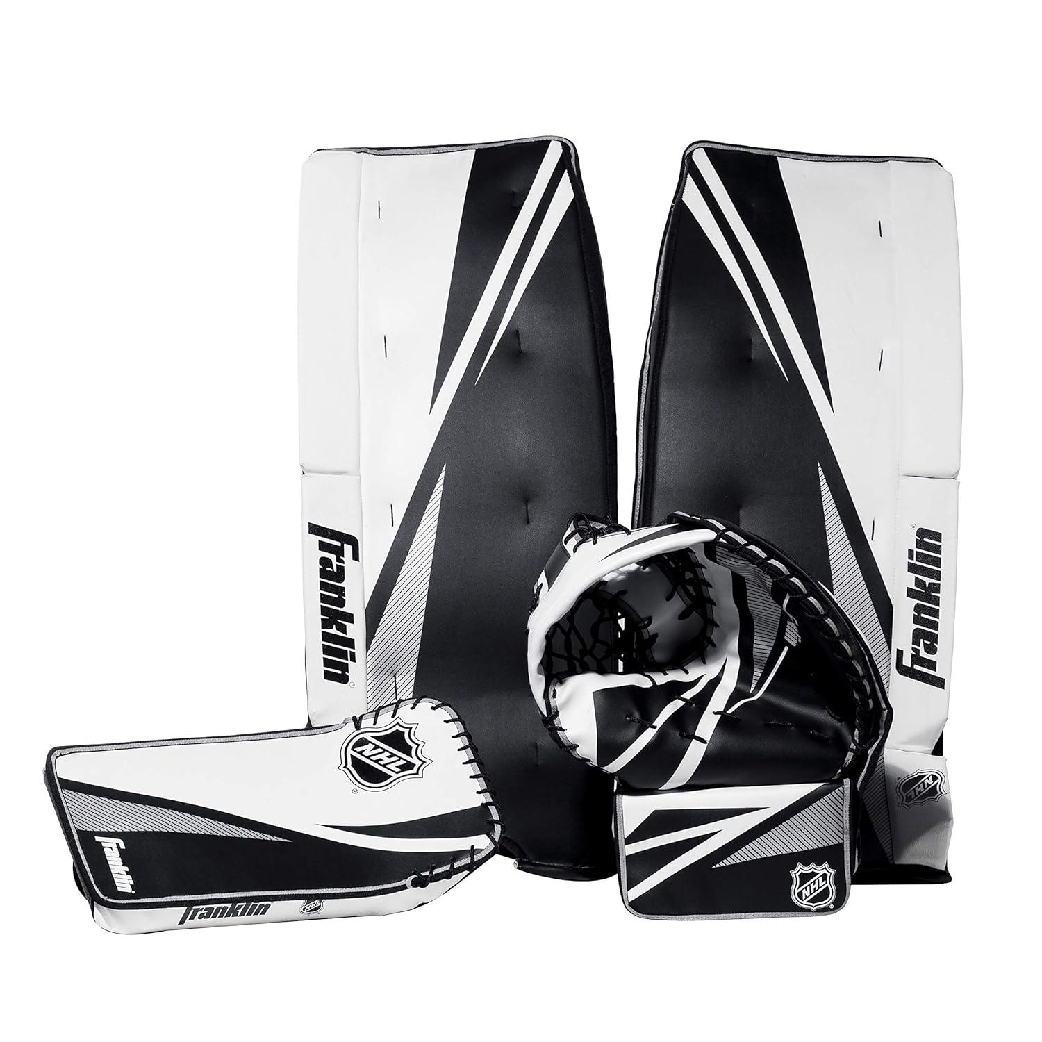 Franklin Sports Street Hockey Goalie Equipment Set - NHL Youth Street Hockey Goalie Pads - Leg Pads, Catch Glove, and Blocker - Youth Goalie Gear Black, 12"