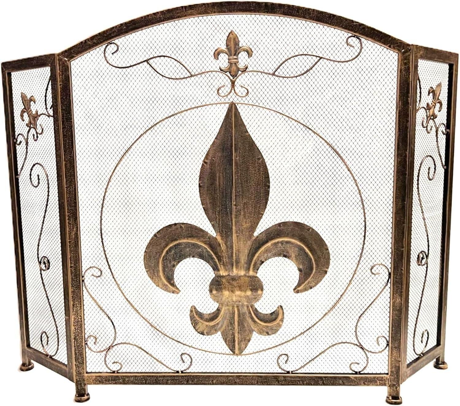 BestGiftEver 3-Panel Fireplace Screen Decorative with Fleur De Lis Design Vintage Golden Bronze Tone - Stand Alone Decorative Wrought Iron Mesh French Royal Style Fireplace Cover, Classic Home Decor