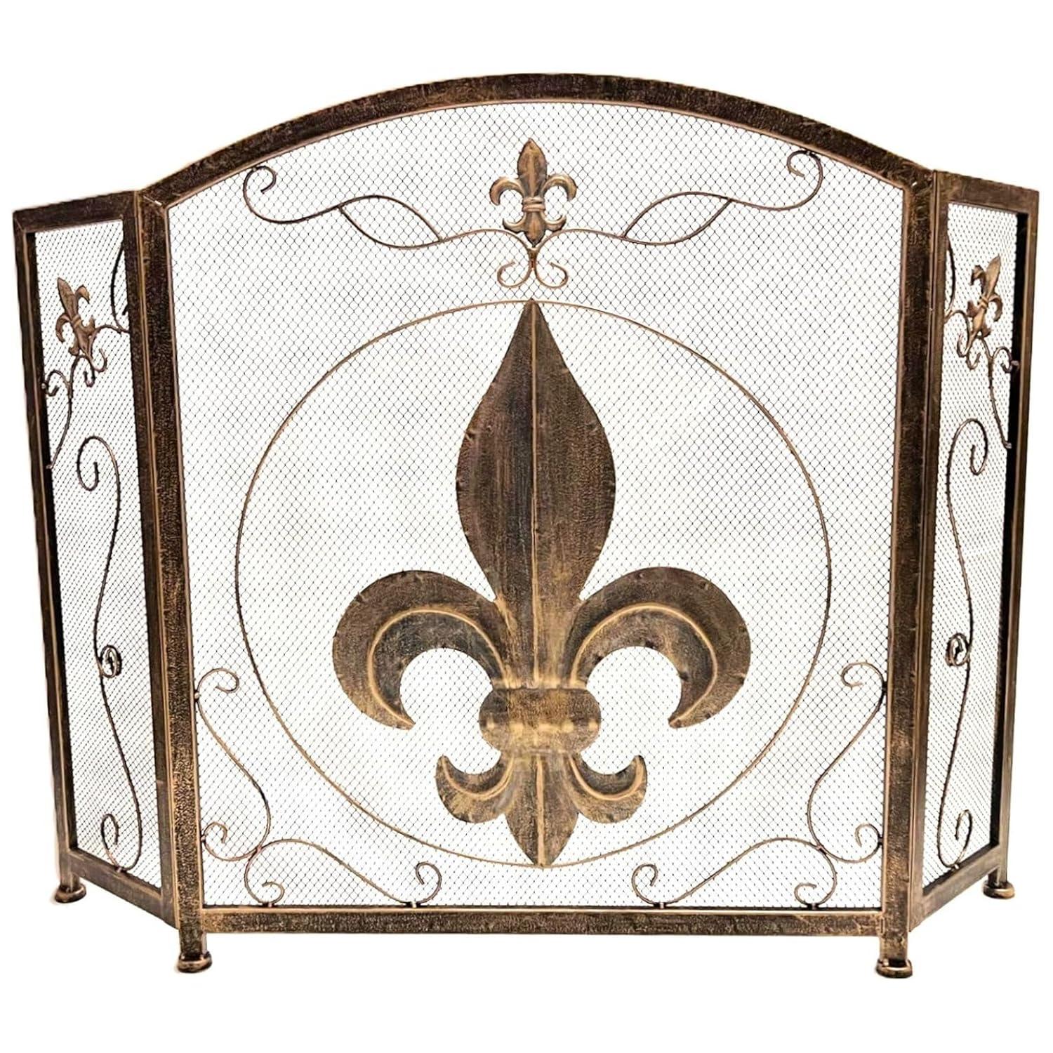 BestGiftEver 3-Panel Fireplace Screen Decorative with Fleur De Lis Design Vintage Golden Bronze Tone - Stand Alone Decorative Wrought Iron Mesh French Royal Style Fireplace Cover, Classic Home Decor
