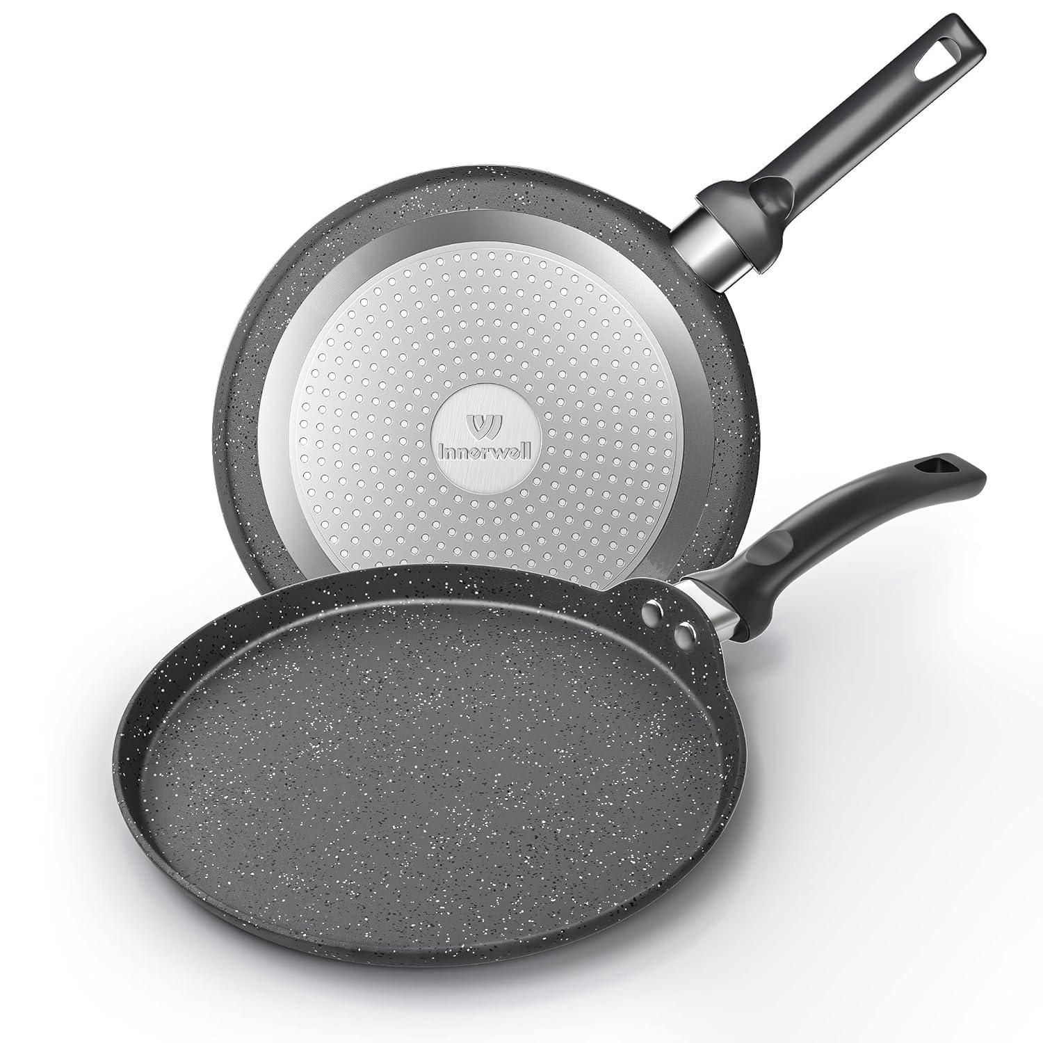 Innerwell Nonstick 11 Inch Crepe Pan Granite Coating Flat Skillet Tortilla Pan forInduction Compatible