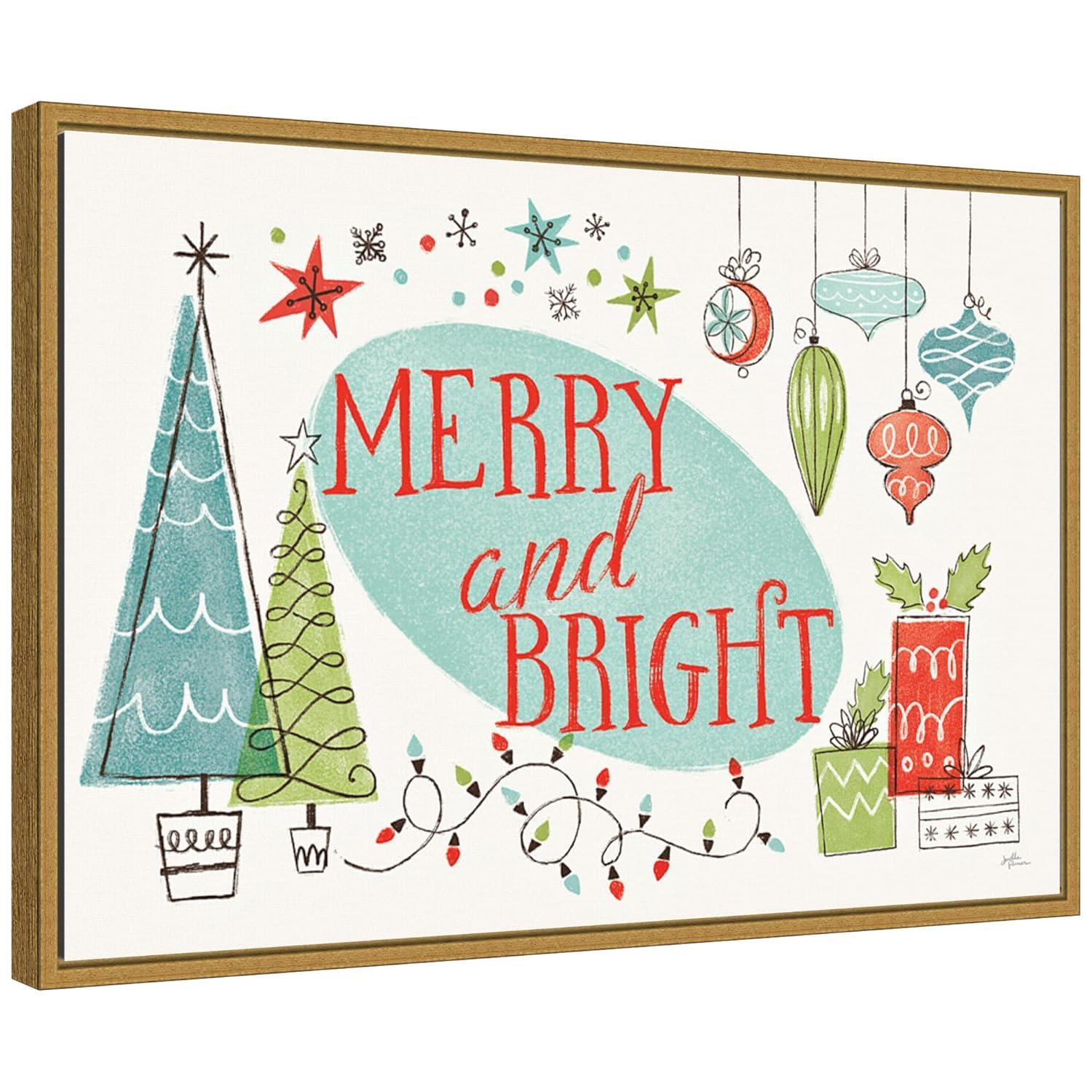 23" x 16" Merry and Bright Christmas Tree by Janelle Penner Framed Canvas Wall Art - Amanti Art: Mid-Century Modern Holiday Decor