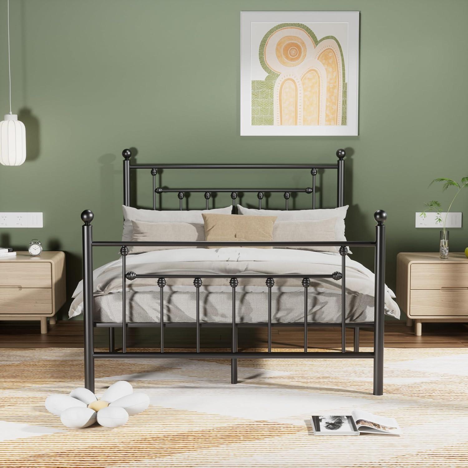 Black Metal Queen Platform Bed Frame with Headboard and Footboard