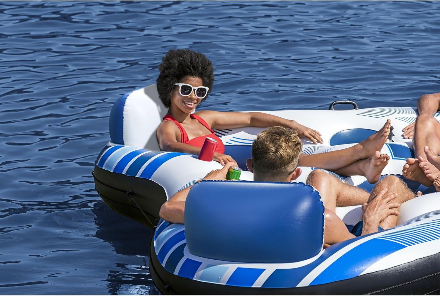 Hydro-Force Rapid Durable Rider Quad 4 Person River Tube with Built In Coolers, Cup Holders and Heavy Duty Handles, Multicolor