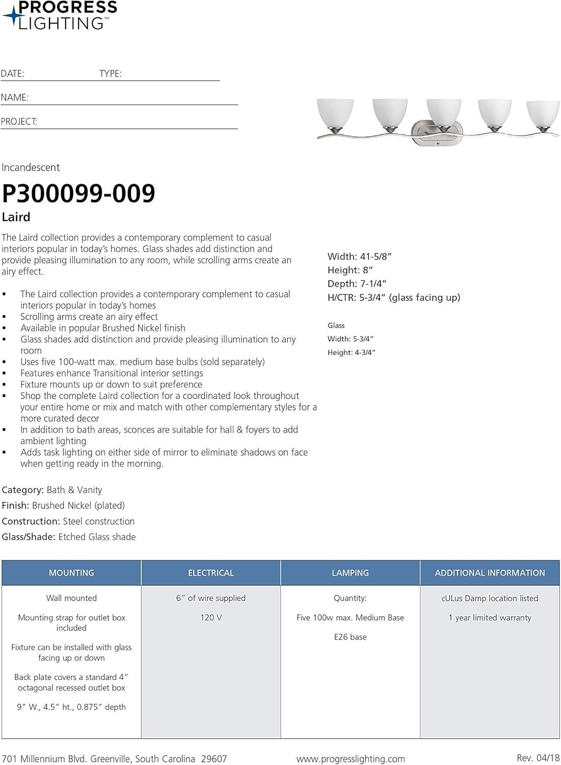 Progress Lighting Laird 5-Light Bath Vanity, Brushed Nickel, Glass Shade