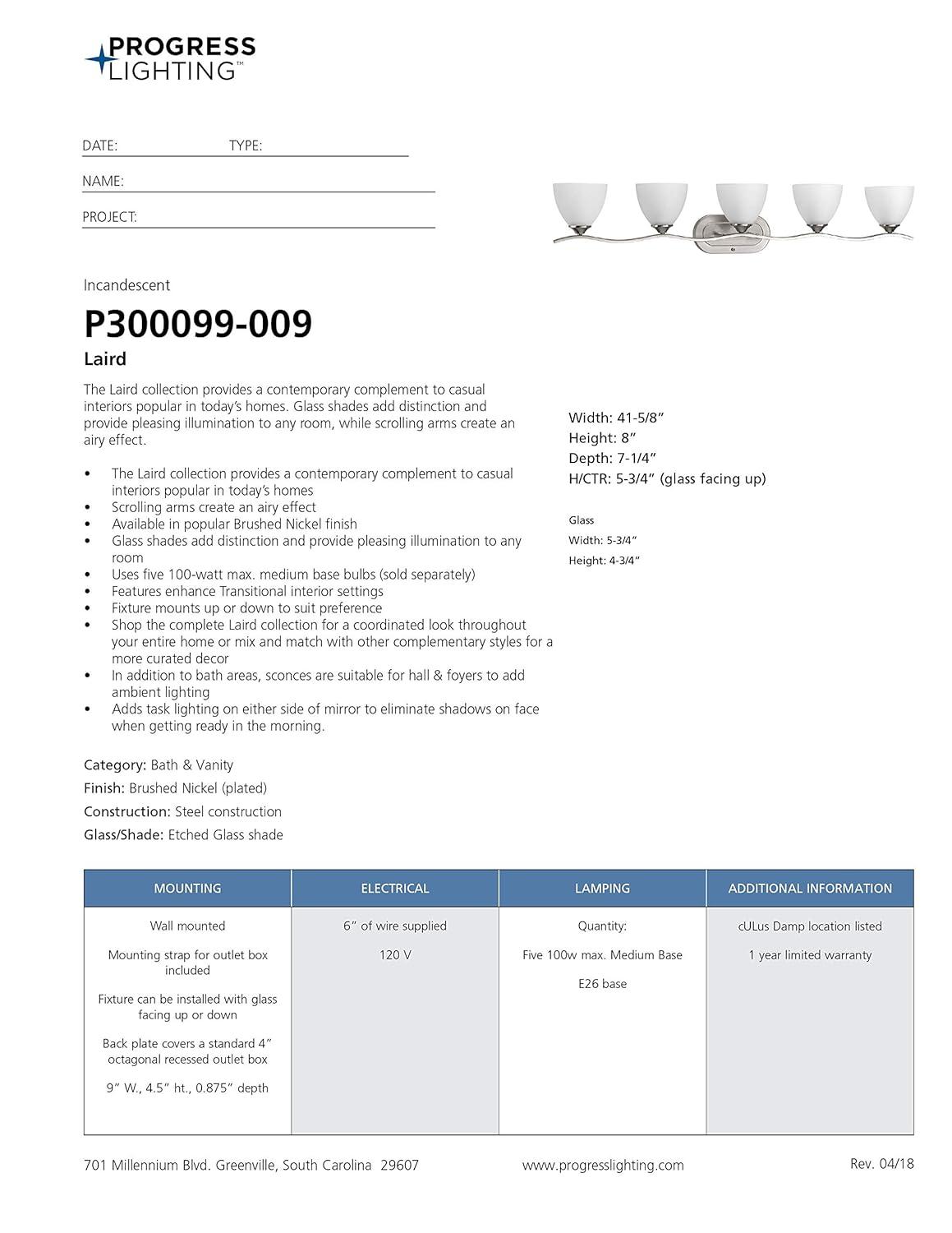Progress Lighting Laird 5-Light Bath Vanity, Brushed Nickel, Glass Shade