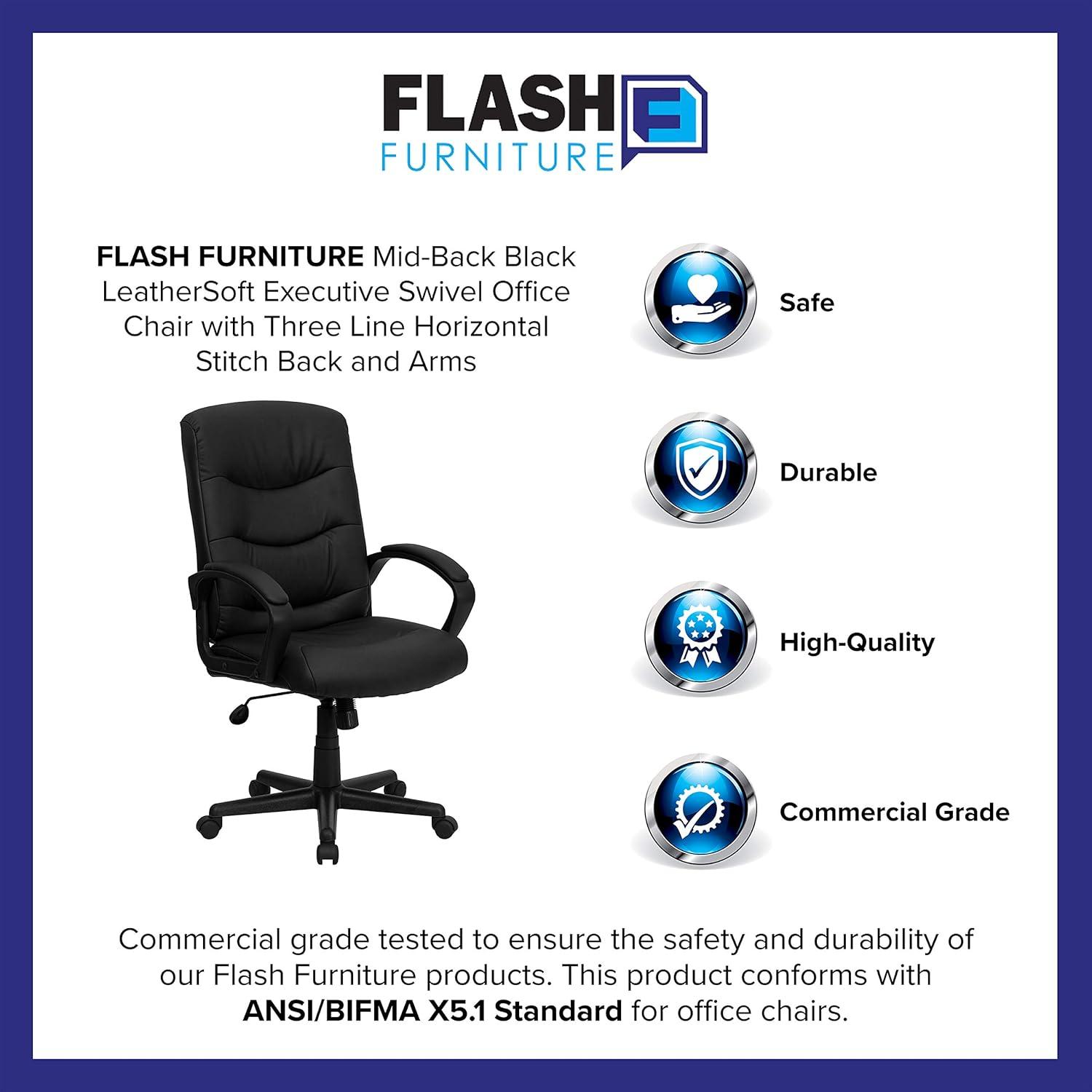 Flash Furniture Chelsea Mid-Back Black LeatherSoft Executive Swivel Office Chair with Three Line Horizontal Stitch Back and Arms