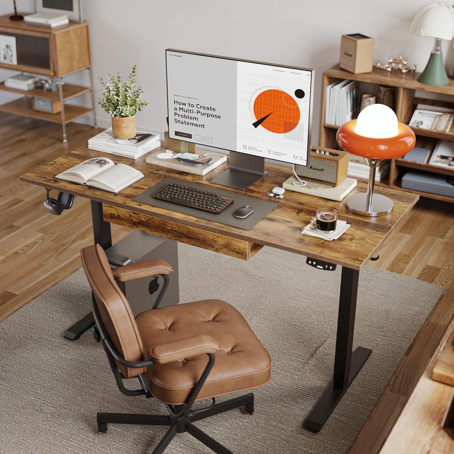 Rustic Brown Adjustable Height Standing Desk with Cup Holder and Headphone Hook