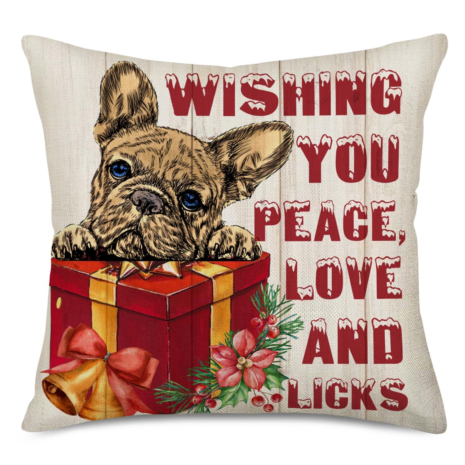 Tlovudori Xmas Winter Holiday Pillow Covers Vintage Wood French Bulldog Merry Blessing Quote Words Red Mistletoe Pillowcase Home Sofa Couch Car Cushion Cover 18”x18”