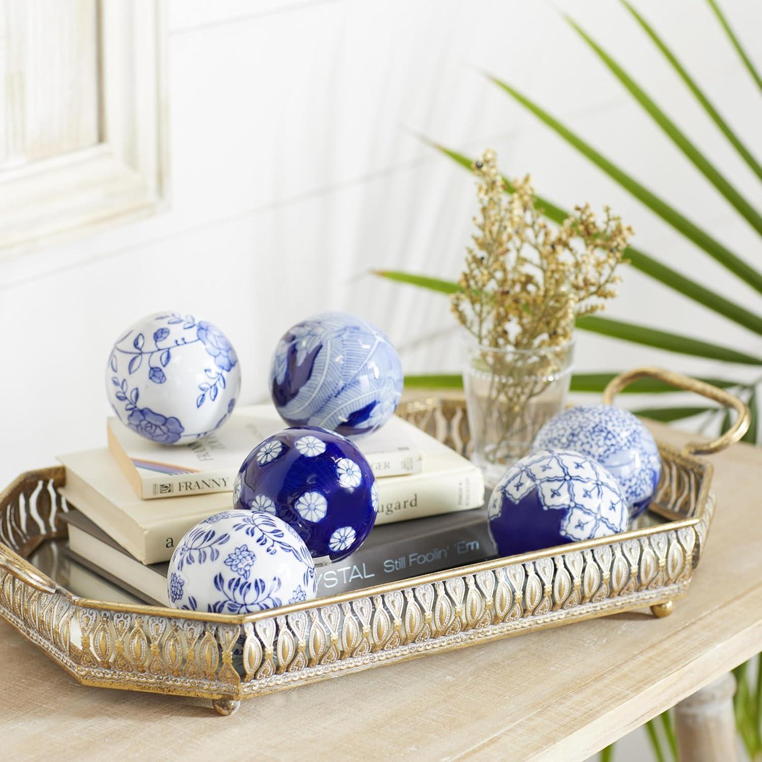 DecMode Blue 3" Floral Handmade Glossy Ceramic Orbs & Vase Filler with Varying Patterns (6 Count)