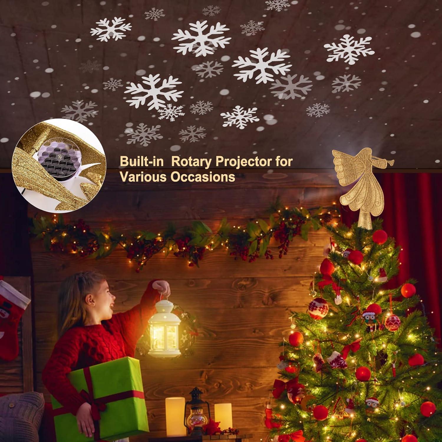 HESHENG Christmas Star Tree Topper with Built-in Led Snowflake Projector Lights Hollowed Pentagram Tree Topper, Plug in Christmas Tree Ornament for Xmas New Year Holiday Decoration