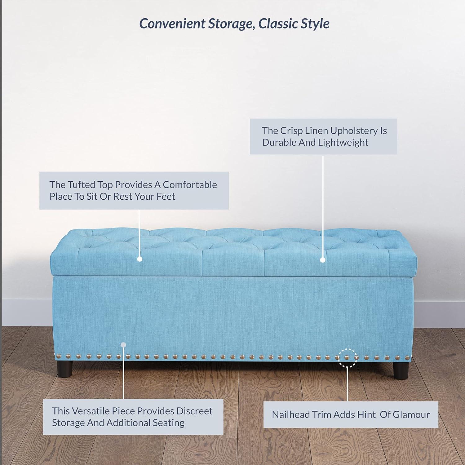 Modern Tufted Linen Storage Ottoman in Cool Blue