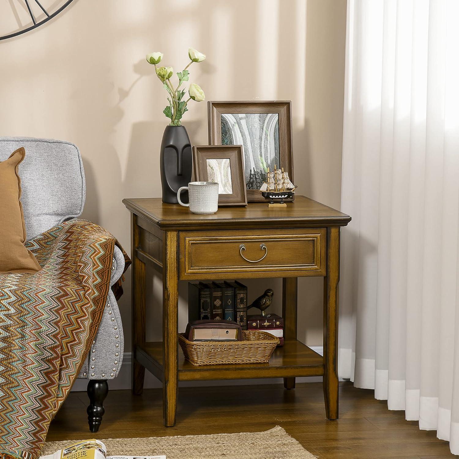 Vintage Dark Coffee Wood Side Table with Storage Drawer