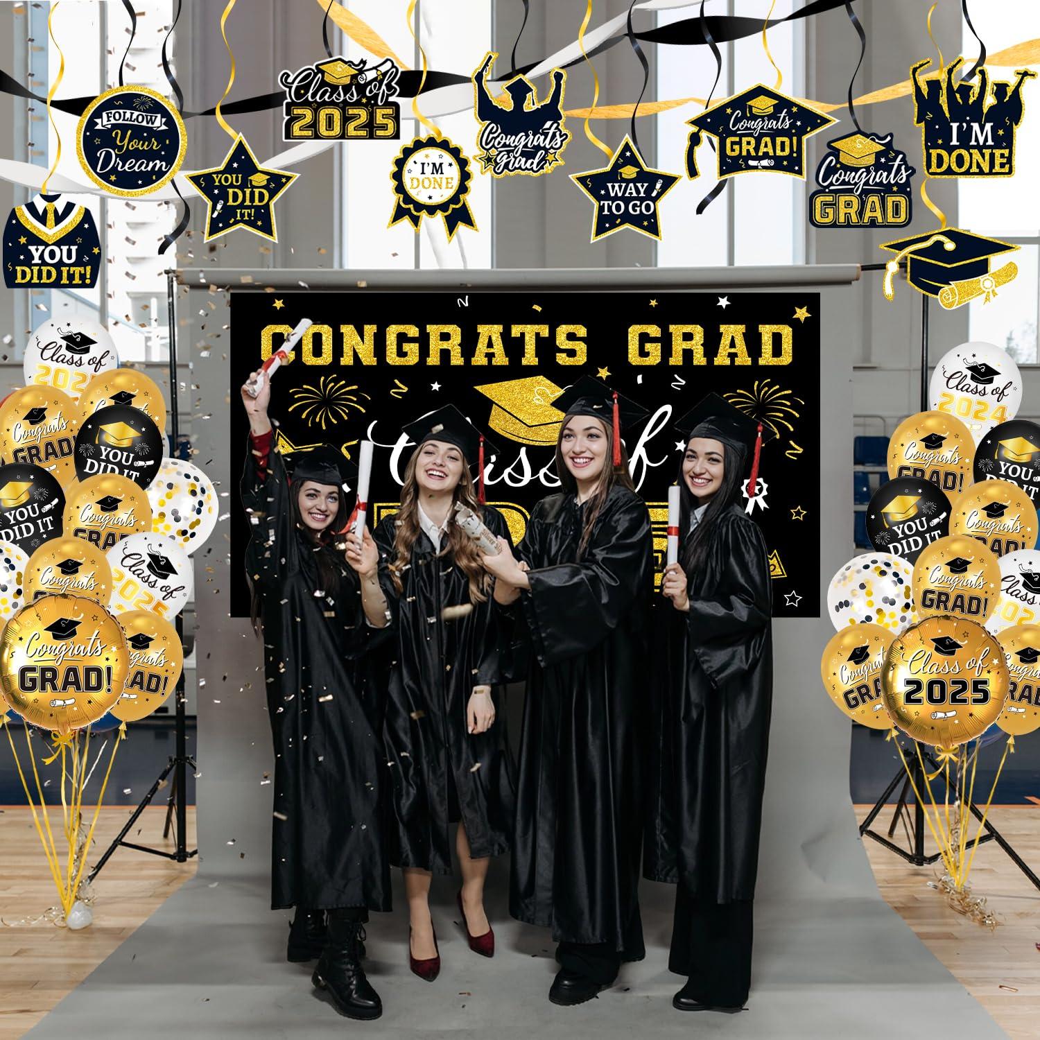 Graduation Party Decorations Class of 2025 Graduation Party Supplies Congrats Grad Banner Class of 2025 Backdrop, Paper Pompoms, Balloons for Congrats Grad Party Decorations (Burgundy-Gold)