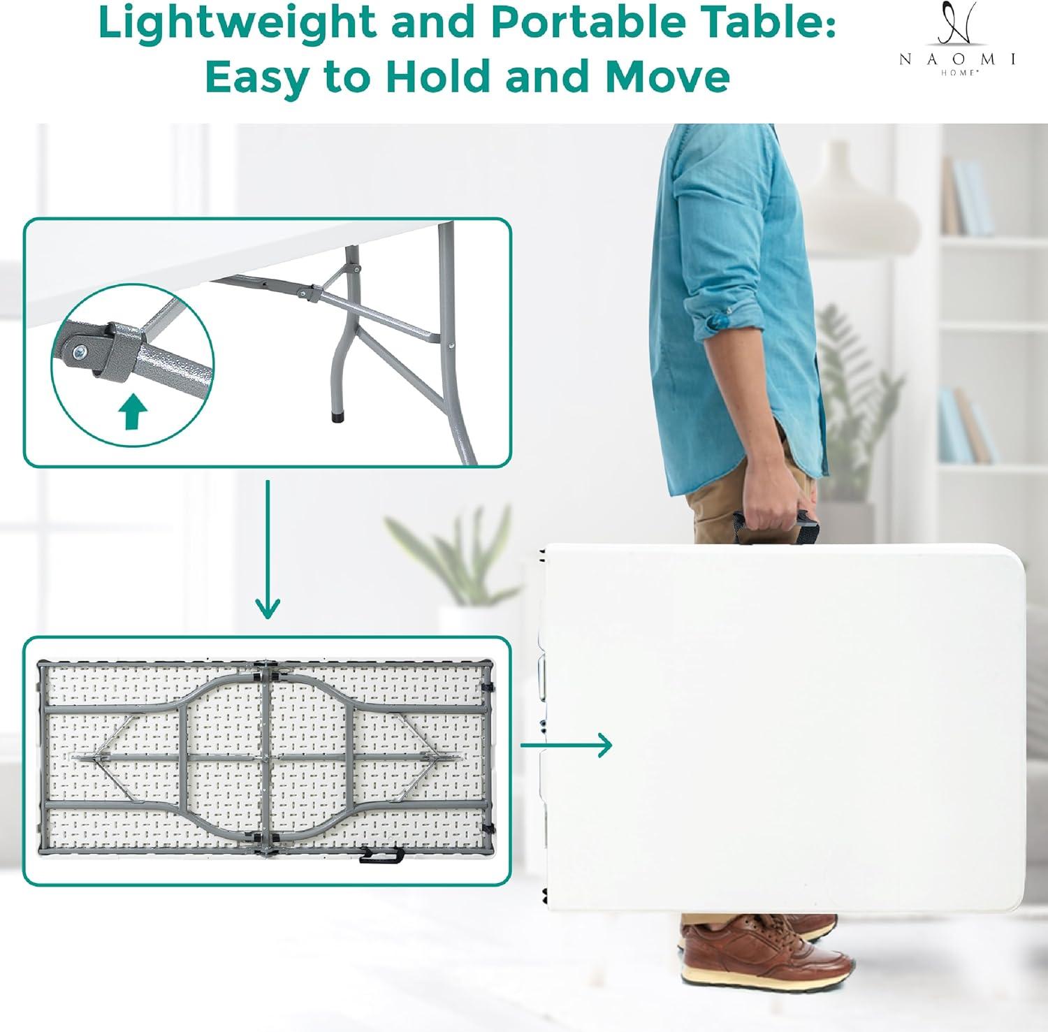 6ft Folding Table Multipurpose Foldable Dinner Table Portable Folding Rectangular Resin Table for Outdoor Camping Picnic Party by Naomi Home - White